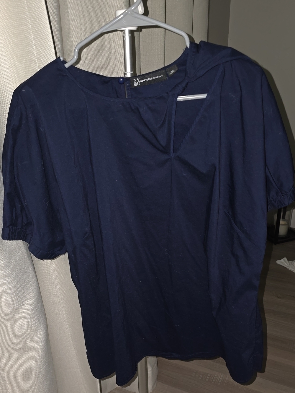 New York & Company Navy Short-Sleeve Keyhole Top
